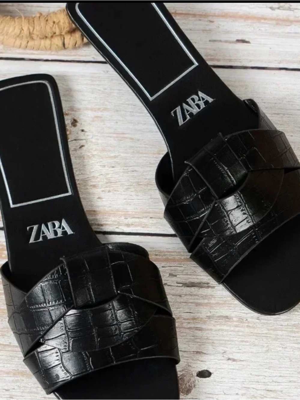 Zara Black Croc-Effect Slide Sandals